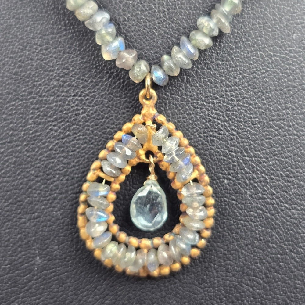 Wendy Mink Labradorite Beaded Necklace Gold Tone Aquamarine Teardrop Pendant